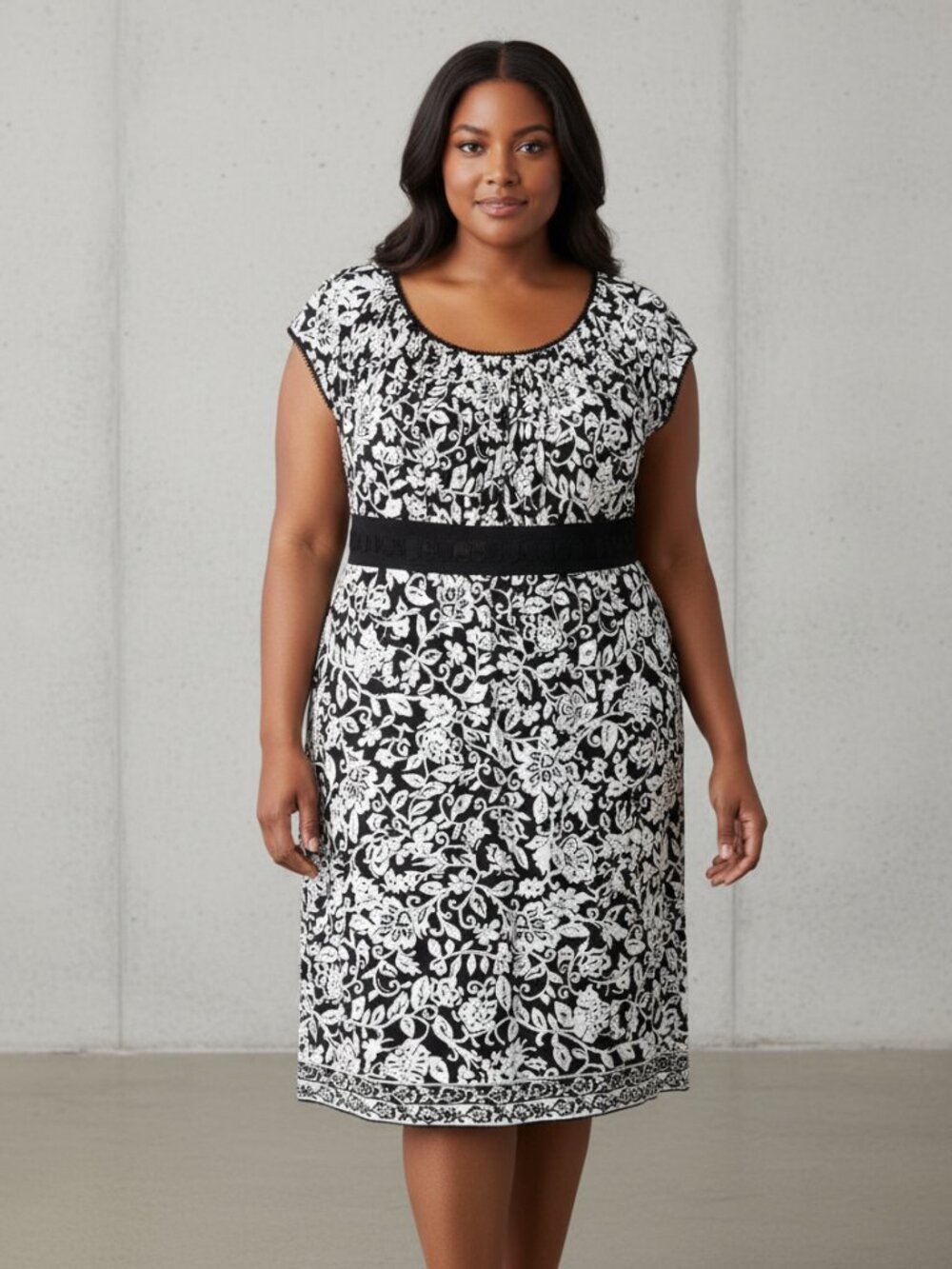 Lane Bryant 18 20 2X Dress Black White Floral SS Beaded Knit Boho Office